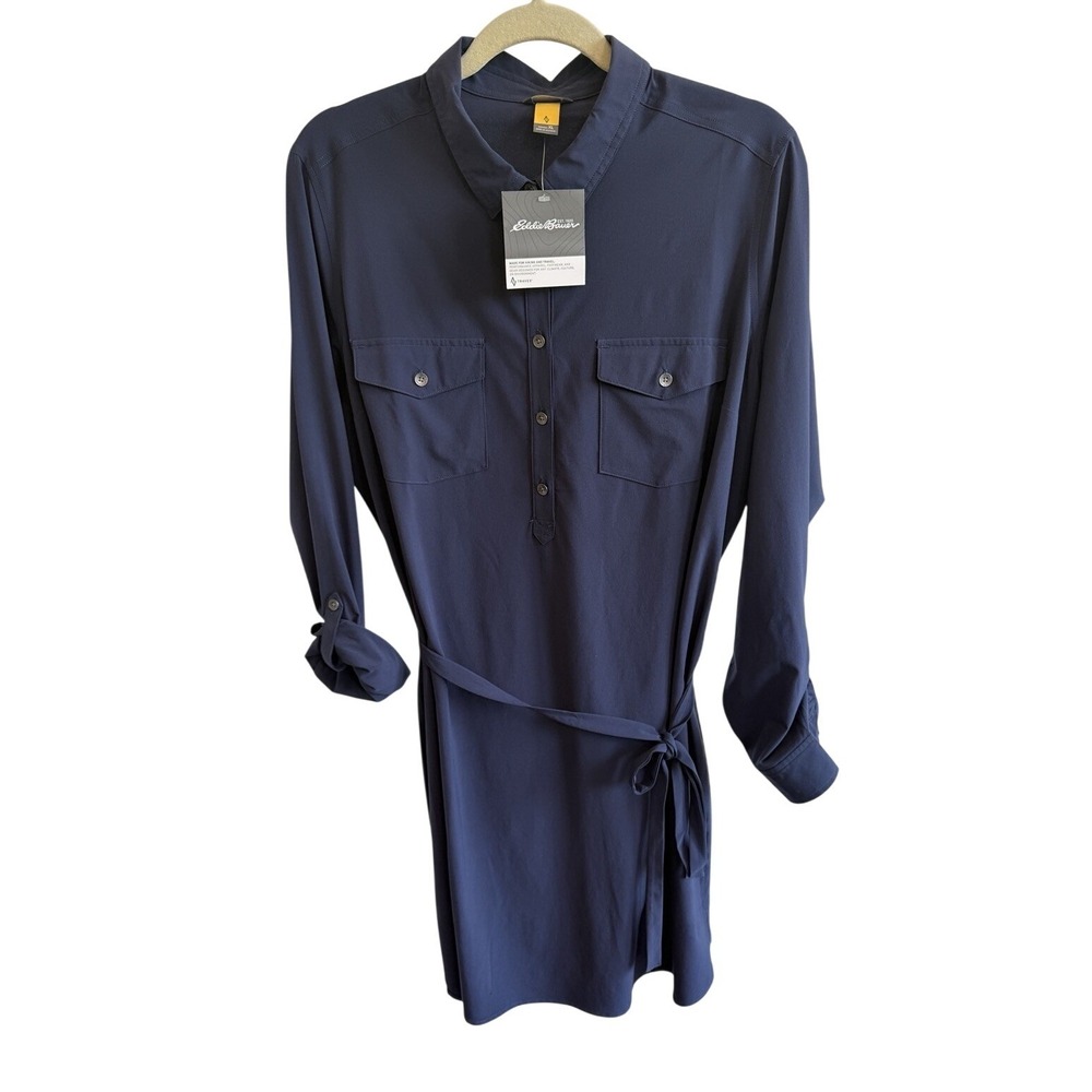 Eddie Bauer Travex Departure Shirt Dress Womens Sz XL Navy Pockets Roll Tab NWT